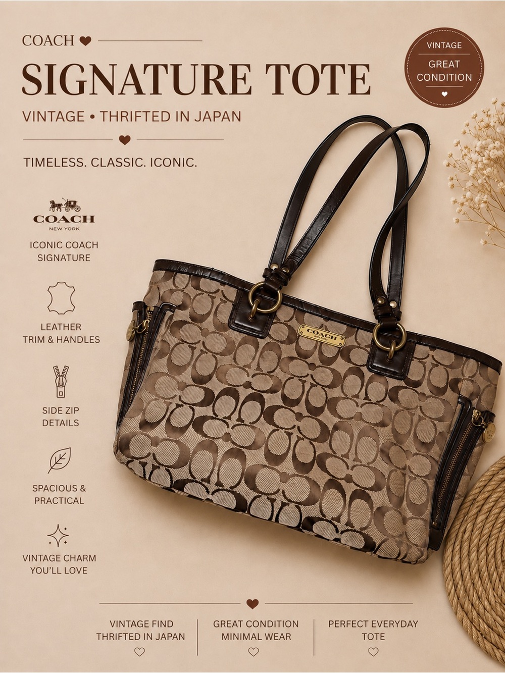 Coach Signature Canvas Tote Bag | Brown Monogram Shoulder Bag | Vintage